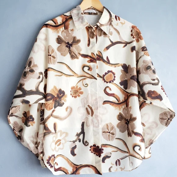 DOROTHEE SCHUMACHER ABSTRACT FLORAL NEUTRAL HIGH, LOW BLOUSE SIZE S/M - Picture 16 of 16